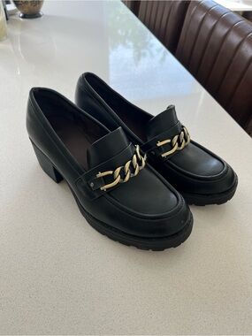 Black Faux Leather Block Heel Loafers - Women's